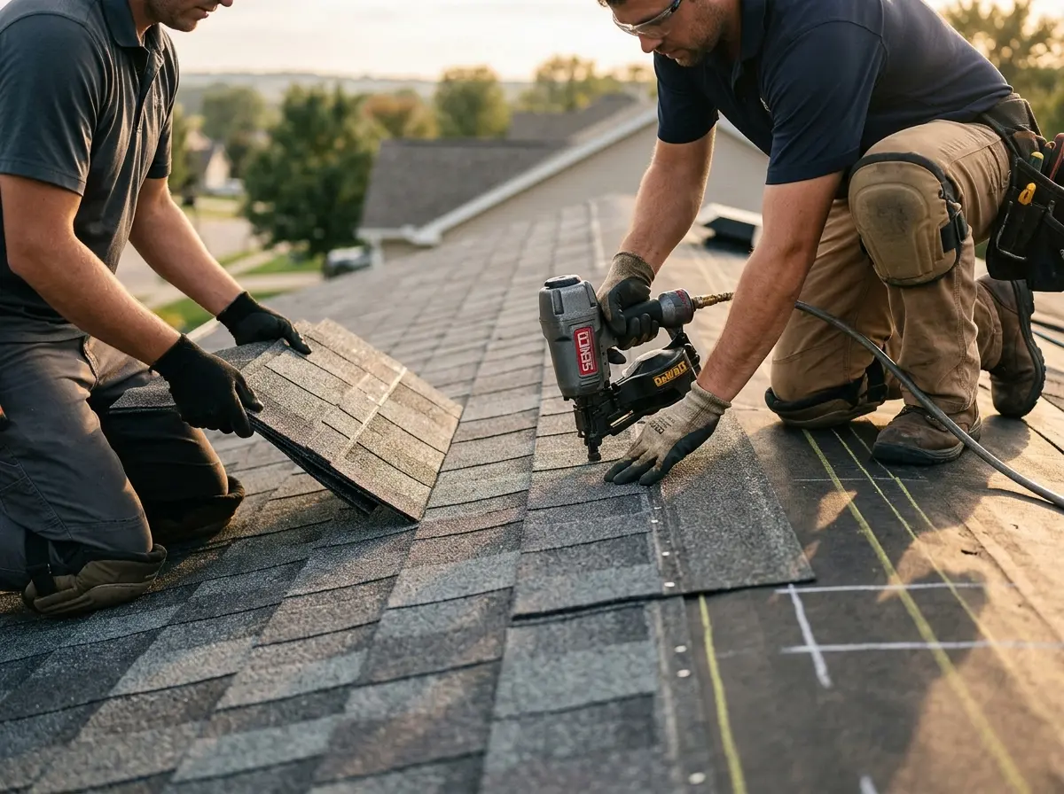 Professional roofer working on a residential roof in Orangetree